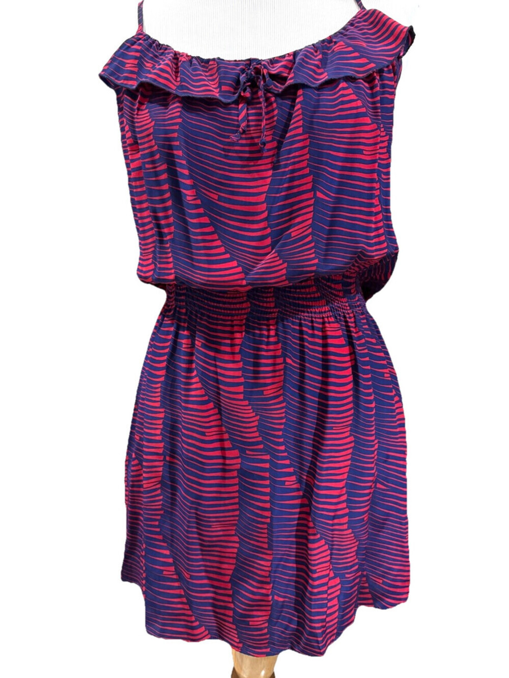 Parker Women's 100% Silk Red Navy Abstract Tie Ruffle Neck Racerback Dress Sz S